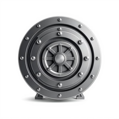 A closed vault door stands on a white background