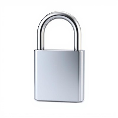 A silver padlock sits on a white background
