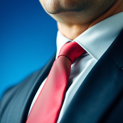 A close-up of a man's red tie