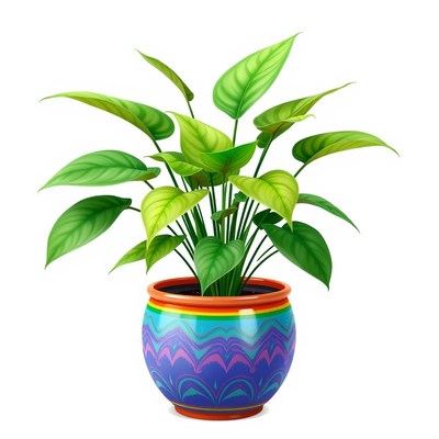 A green houseplant in a colorful pot