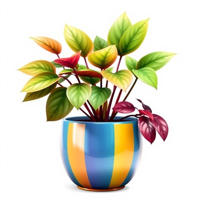 A green plant in a striped pot