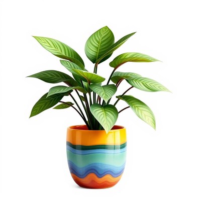 A green plant in a colorful pot