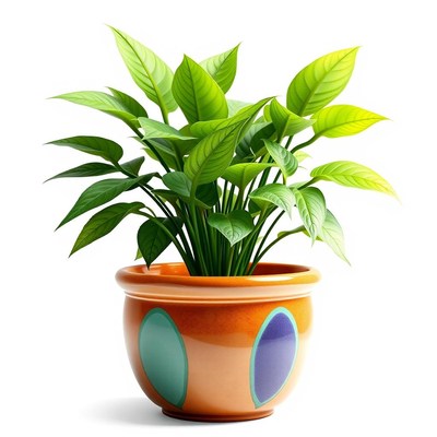 Green plant in orange pot with blue polka dots