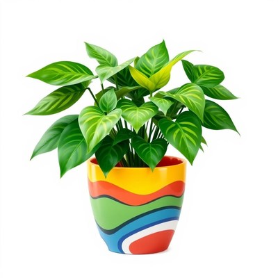 A green plant in a colorful pot