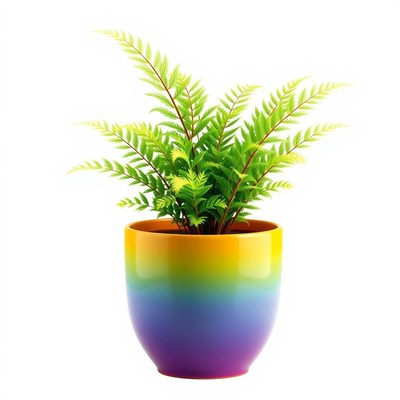 A green fern plant in a rainbow pot