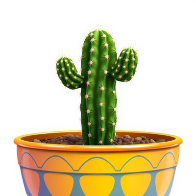 A green cactus grows in a colorful pot