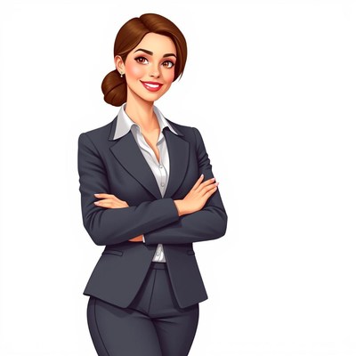 A woman in a suit smiles with arms crossed