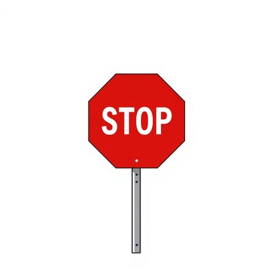 A red stop sign with white lettering is mounted on a post
