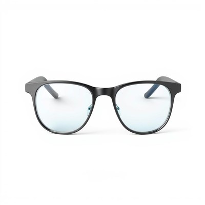 A pair of black framed glasses are on a white background
