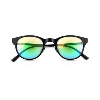 Black round glasses with green and blue lenses