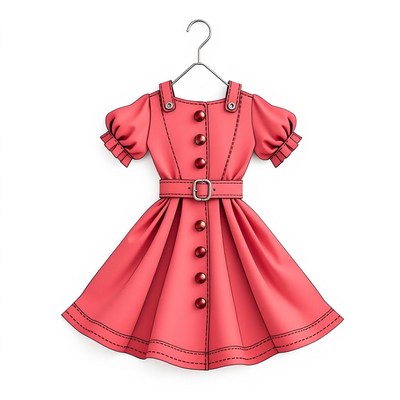 A red dress with a belt hangs on a hanger