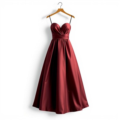 A burgundy bridesmaid dress hangs on a hanger