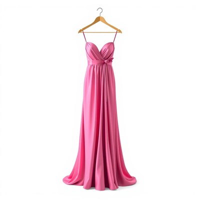 A pink satin dress hangs on a hanger