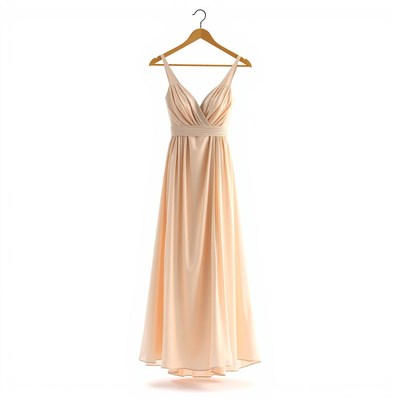 A peach bridesmaid dress hangs on a hanger