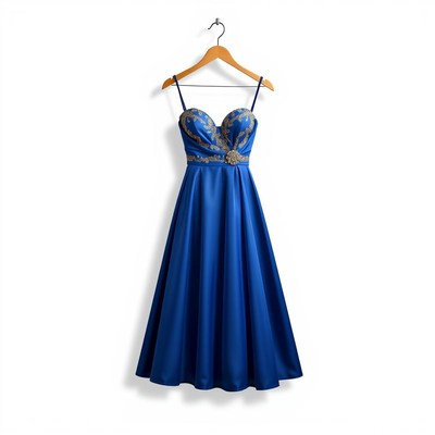 A blue, satin dress with gold embroidery hangs on a hanger