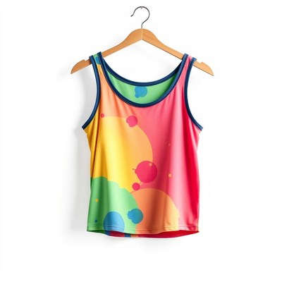 A colorful tank top hangs on a hanger