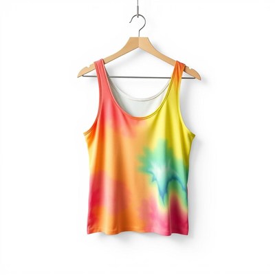 A tie-dye tank top hangs on a hanger