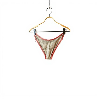 A brown and red patterned panty hangs on a hanger