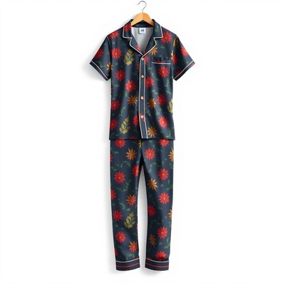 A floral pajama set hangs on a hanger