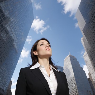 A woman looks up at skyscrapers in the city