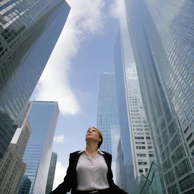 A woman looks up at the skyscrapers in the city