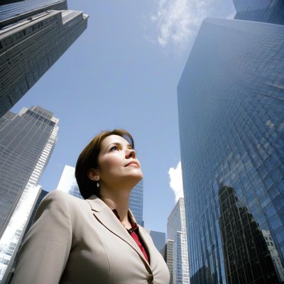 A woman looks up at skyscrapers in a city