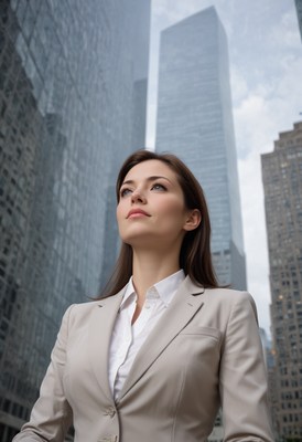 A woman in a suit looks up at skyscrapers in the city