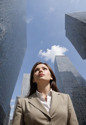 A woman looks up at the city skyline