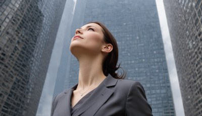 A woman in a suit looks up at skyscrapers