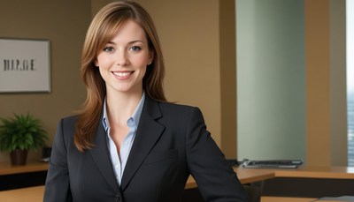 A woman in a suit smiles in an office