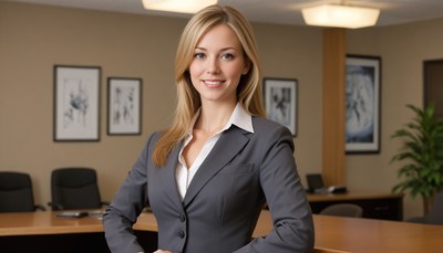 A woman stands in an office, smiling