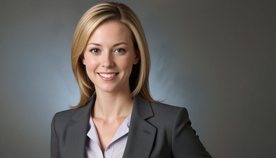 A woman in a suit smiles at the camera