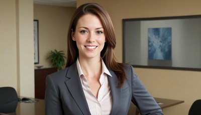 A woman in a suit smiles in an office