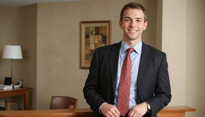 A man in a suit smiles in a hotel room