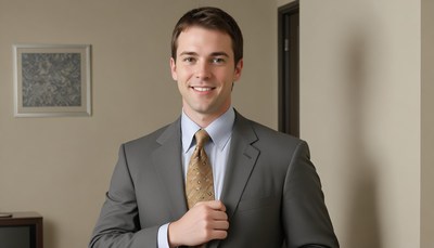 A man adjusts his tie in an office