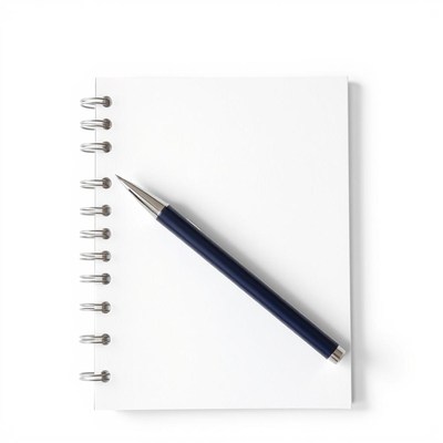 A blank notebook with a pen sits on a white surface