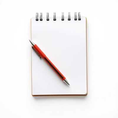 A red pen rests on a blank notebook