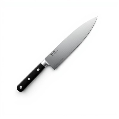A silver chef's knife with a black handle