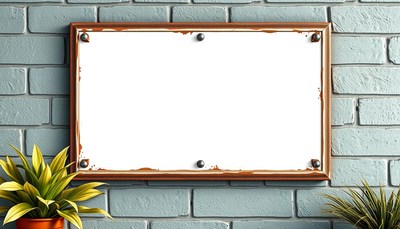 A blank sign hangs on a brick wall