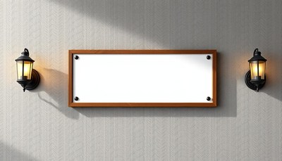 A blank sign hangs on a wall with two lights