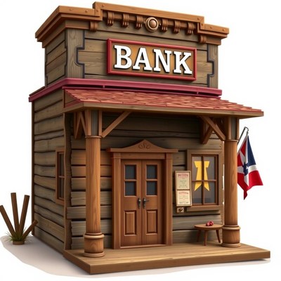 A wooden bank building in the wild west
