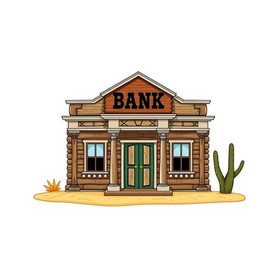A western bank building stands in the desert