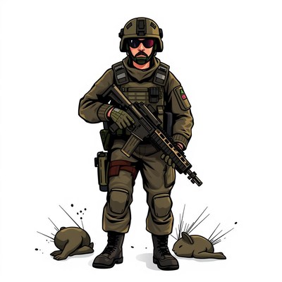 A soldier stands guard over two rabbits