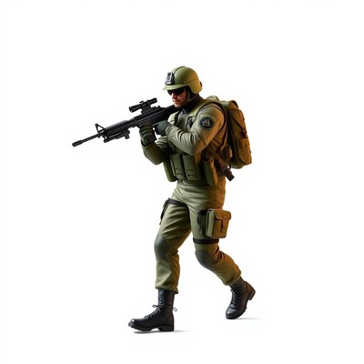 A soldier aims a rifle while walking