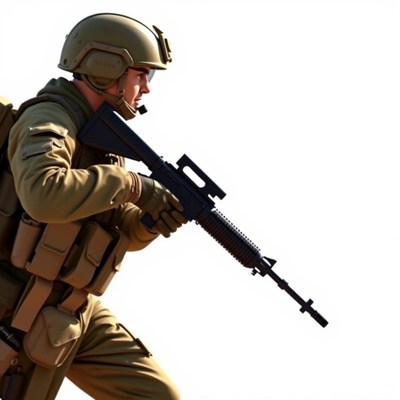 A soldier holds a rifle, ready for action