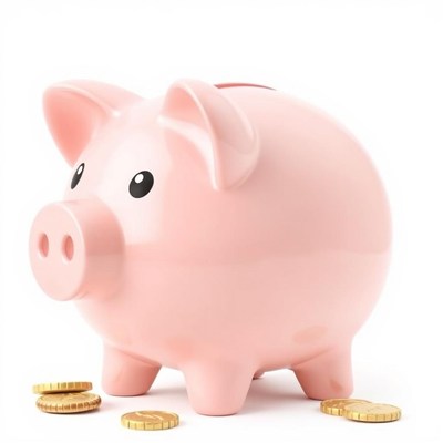 A pink piggy bank sits on a white background with gold coins
