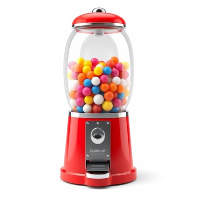 A red gumball machine is full of colorful gumballs