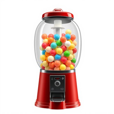 A red gumball machine is full of colorful gumballs