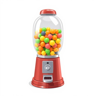 A red gumball machine filled with colorful gumballs