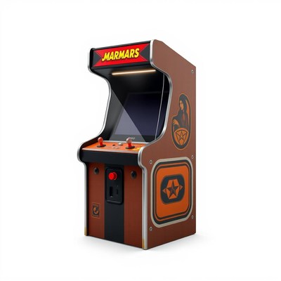 A brown and black arcade cabinet with a screen and joysticks